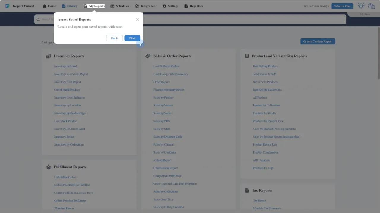 View and managed previously created reports on Report Pundit